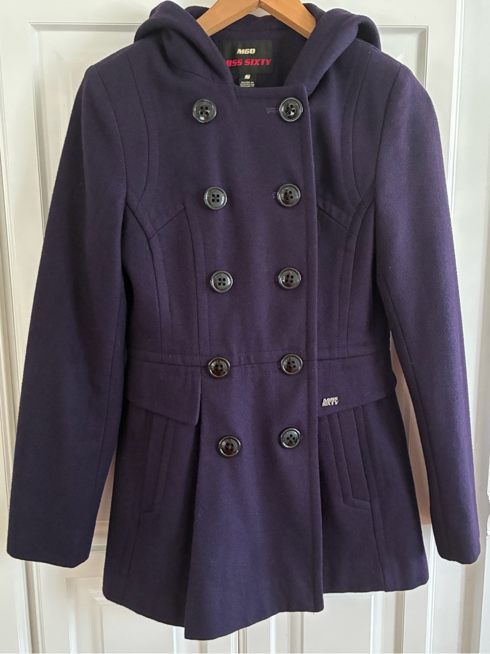 VTG Miss Sixty Double Breasted Dark Purple Wool Blend Hooded Peacoat Size S